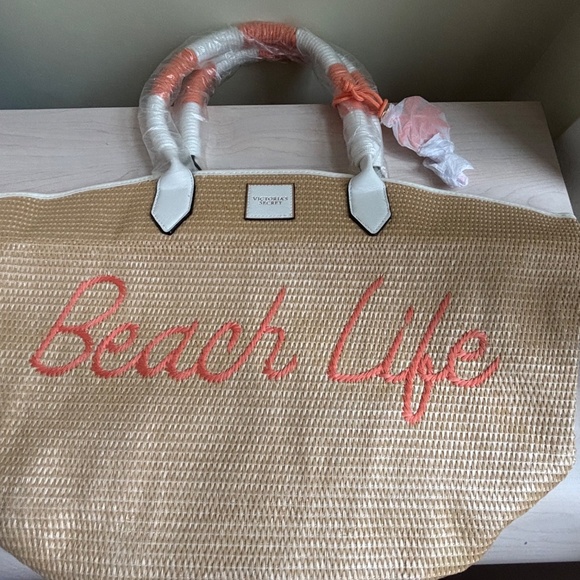 New Victorias Secret Straw Beach Tote w/ Rope Like Handles, & Palm Tree Keychain - Picture 2 of 7